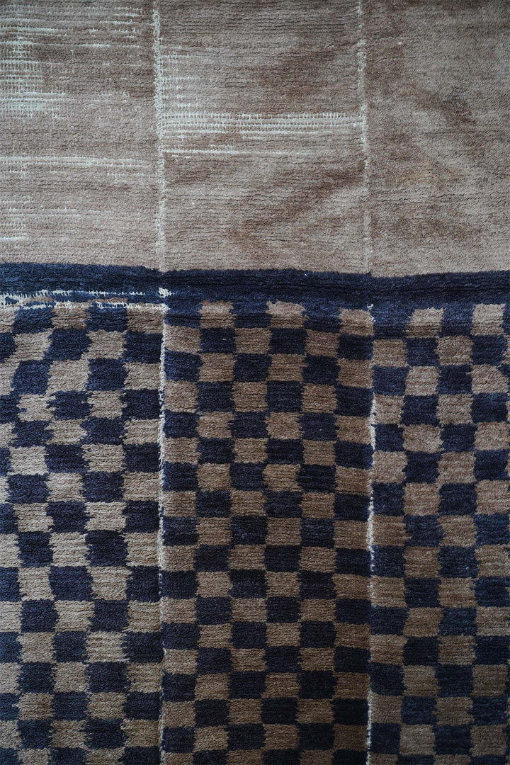 Hand-Knotted Tibetan Khaden Rug | Checkerboard Panel Field | Detail View