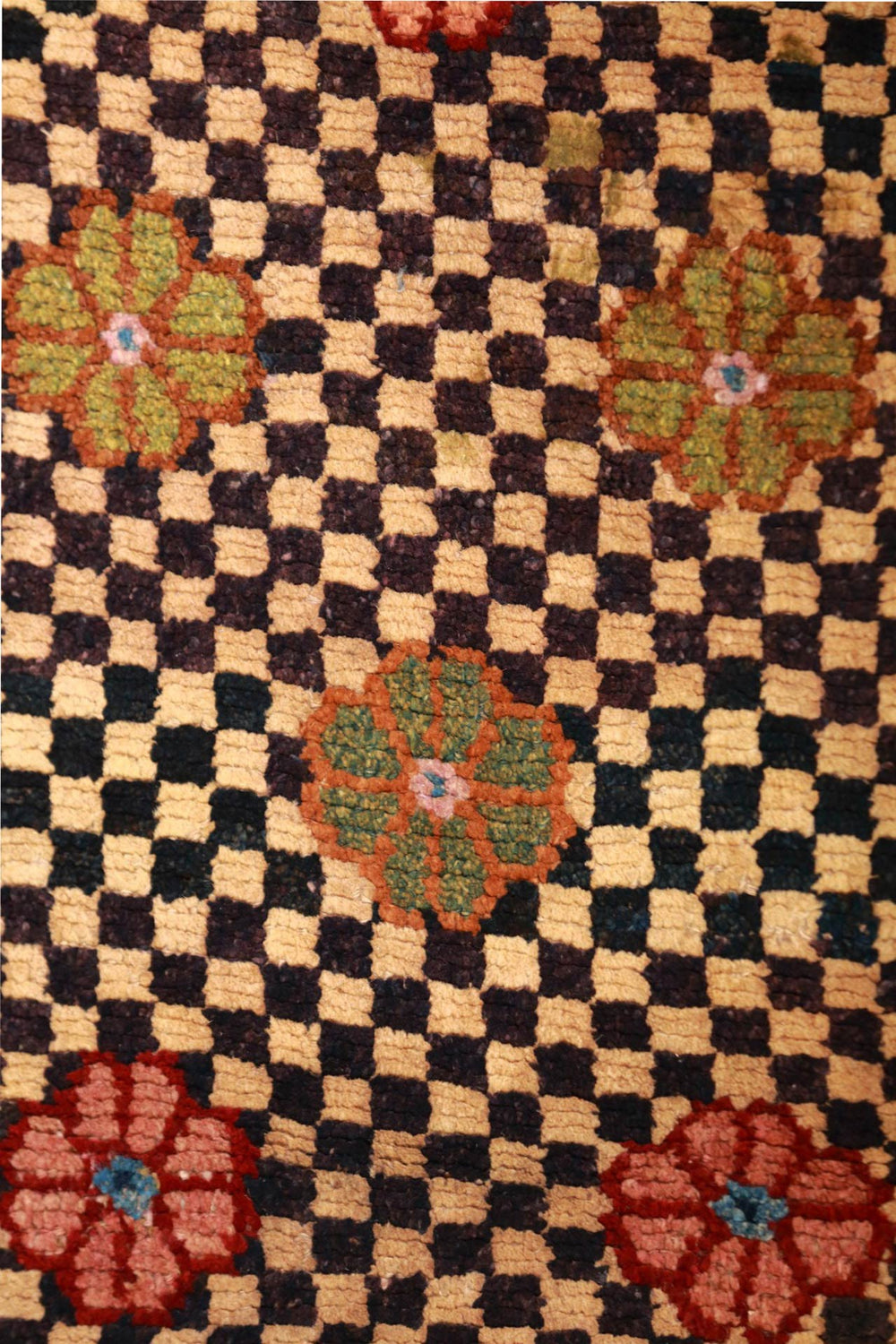 Hand-Knotted Tibetan Khaden Rug | Checkerboard Rosette Panel | Detail View