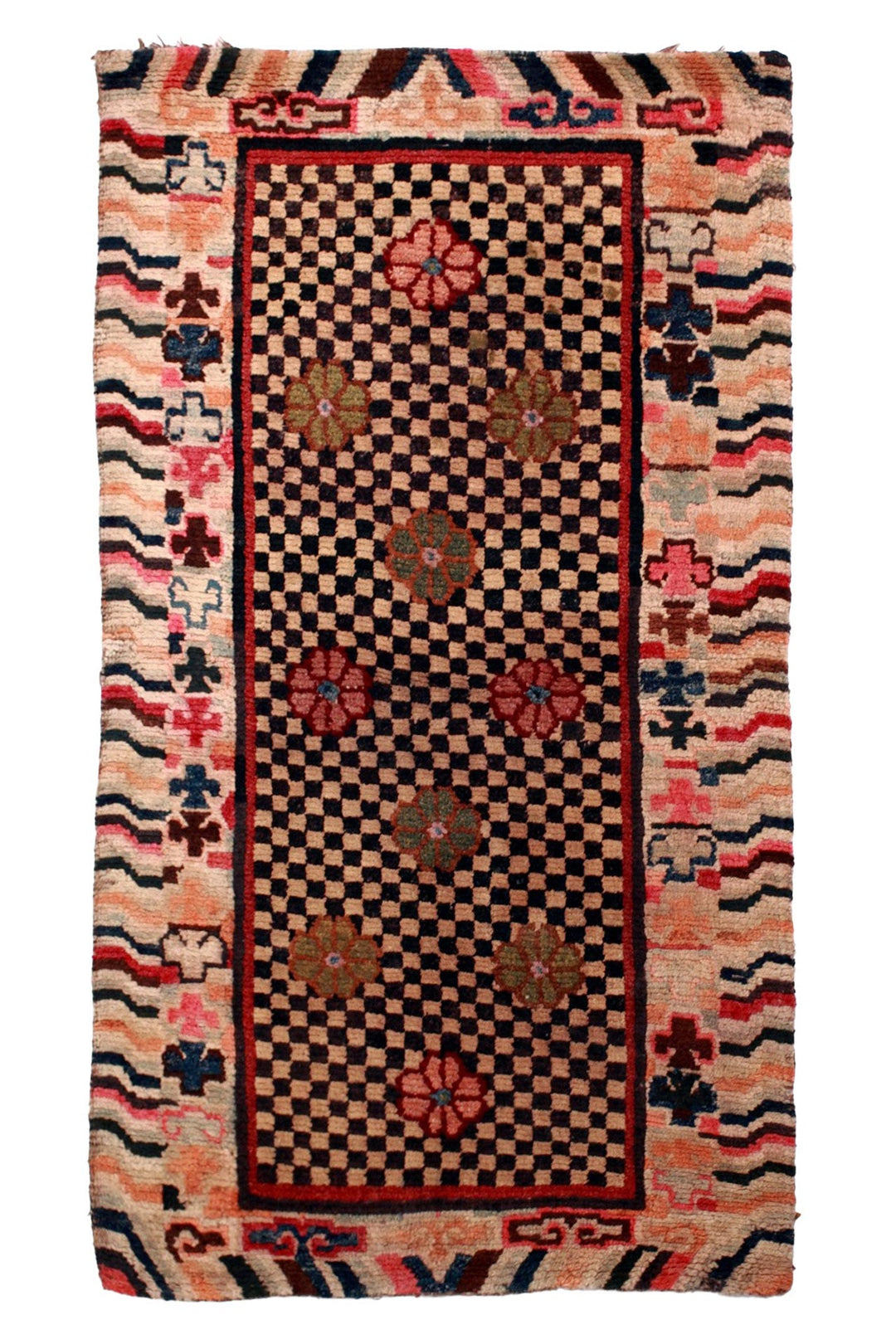 Hand-Knotted Tibetan Khaden Rug | Checkerboard Rosette Panel | Front View