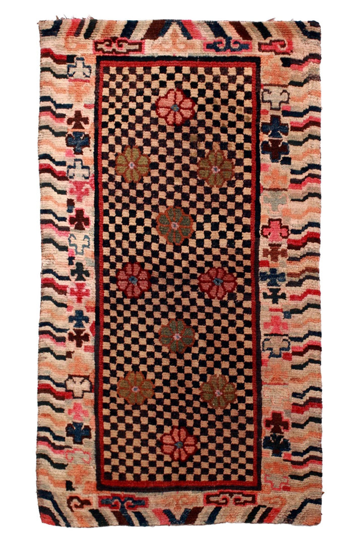 Hand-Knotted Tibetan Khaden Rug | Checkerboard Rosette Panel | Front View