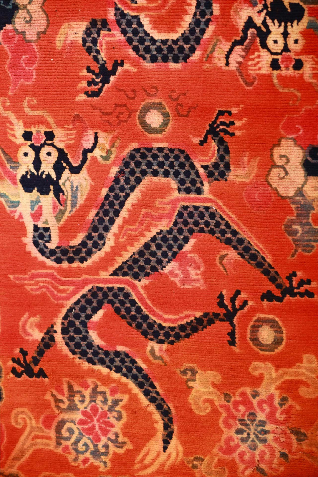 Hand-Knotted Tibetan Khaden Rug | Cinnabar Dragon Guardian | Detail View