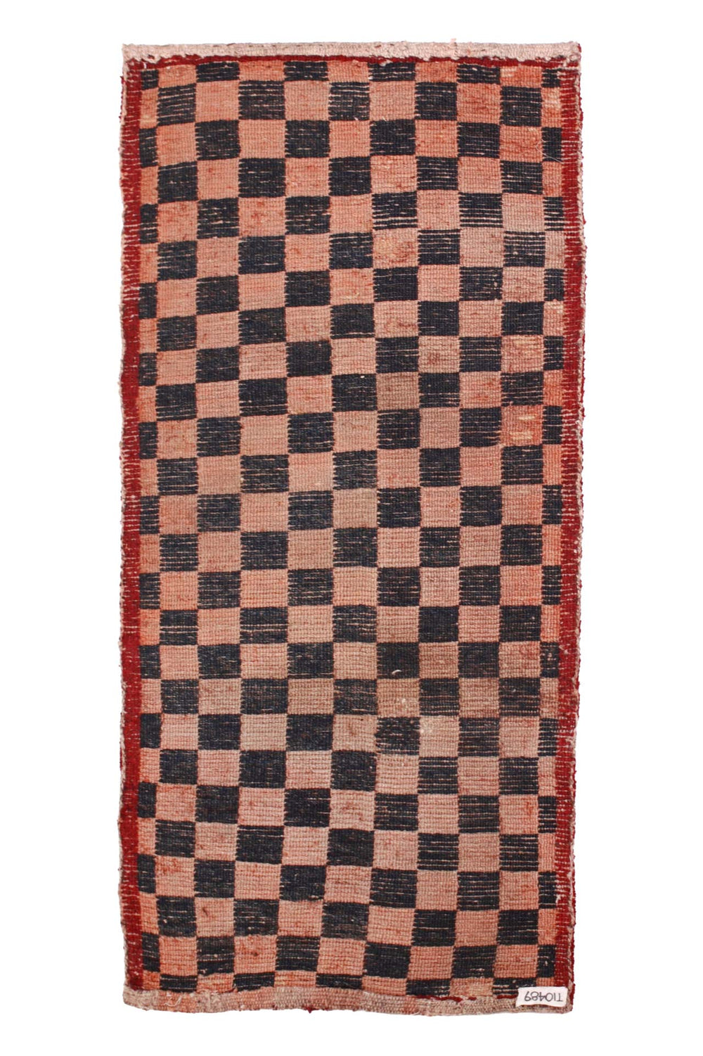 Hand-Knotted Tibetan Khaden Rug | Classic Black & Peach Checkerboard with Crimson Guard Border | Back View