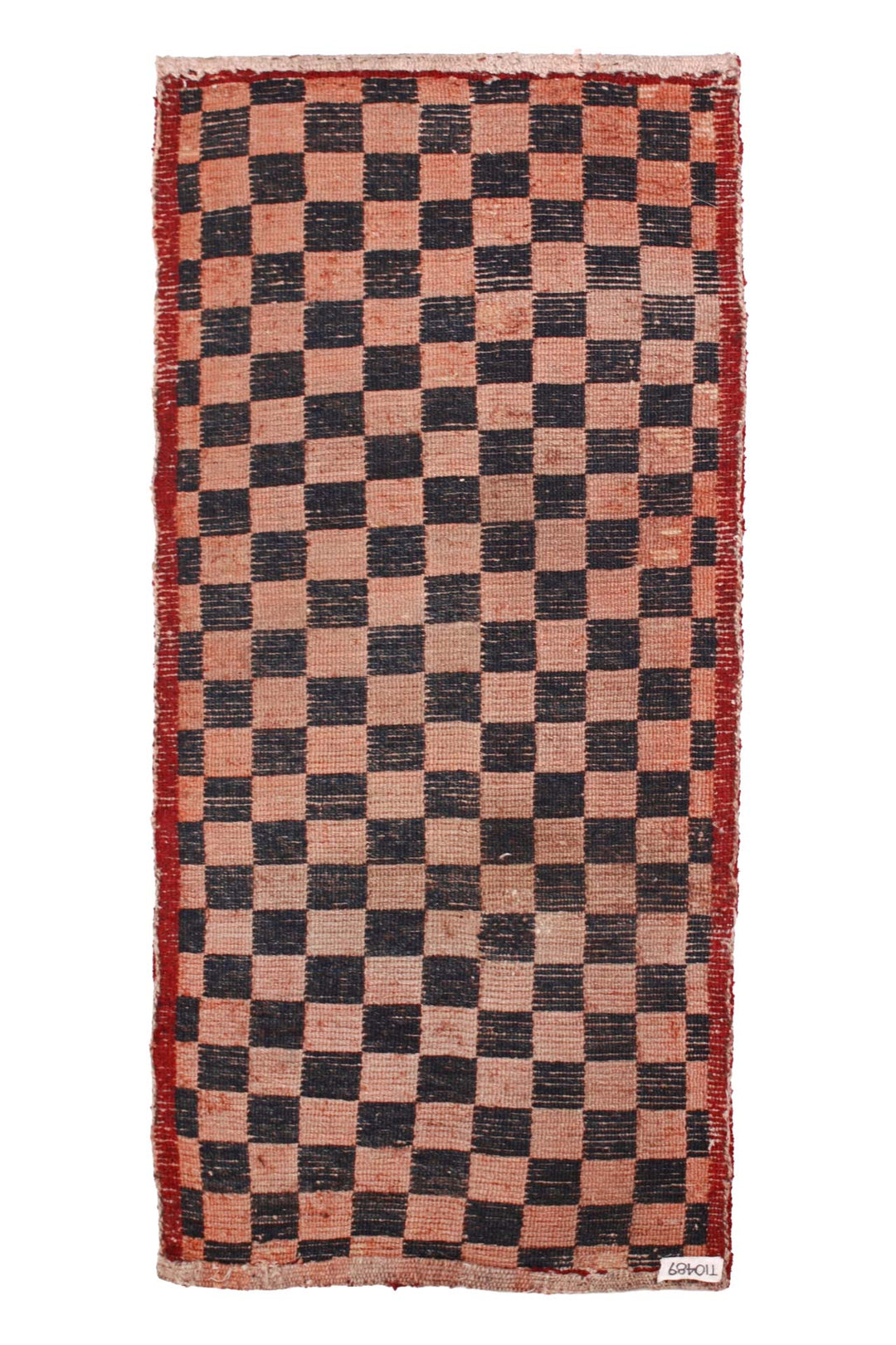 Hand-Knotted Tibetan Khaden Rug | Classic Black &amp; Peach Checkerboard with Crimson Guard Border | Back View