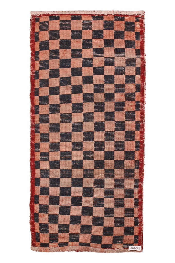 Hand-Knotted Tibetan Khaden Rug | Classic Black &amp; Peach Checkerboard with Crimson Guard Border | Back View