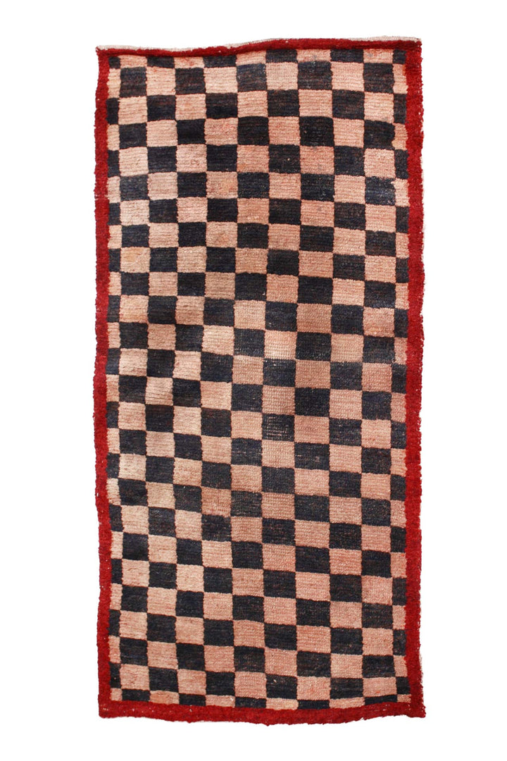 Hand-Knotted Tibetan Khaden Rug | Classic Black &amp; Peach Checkerboard with Crimson Guard Border | Front View