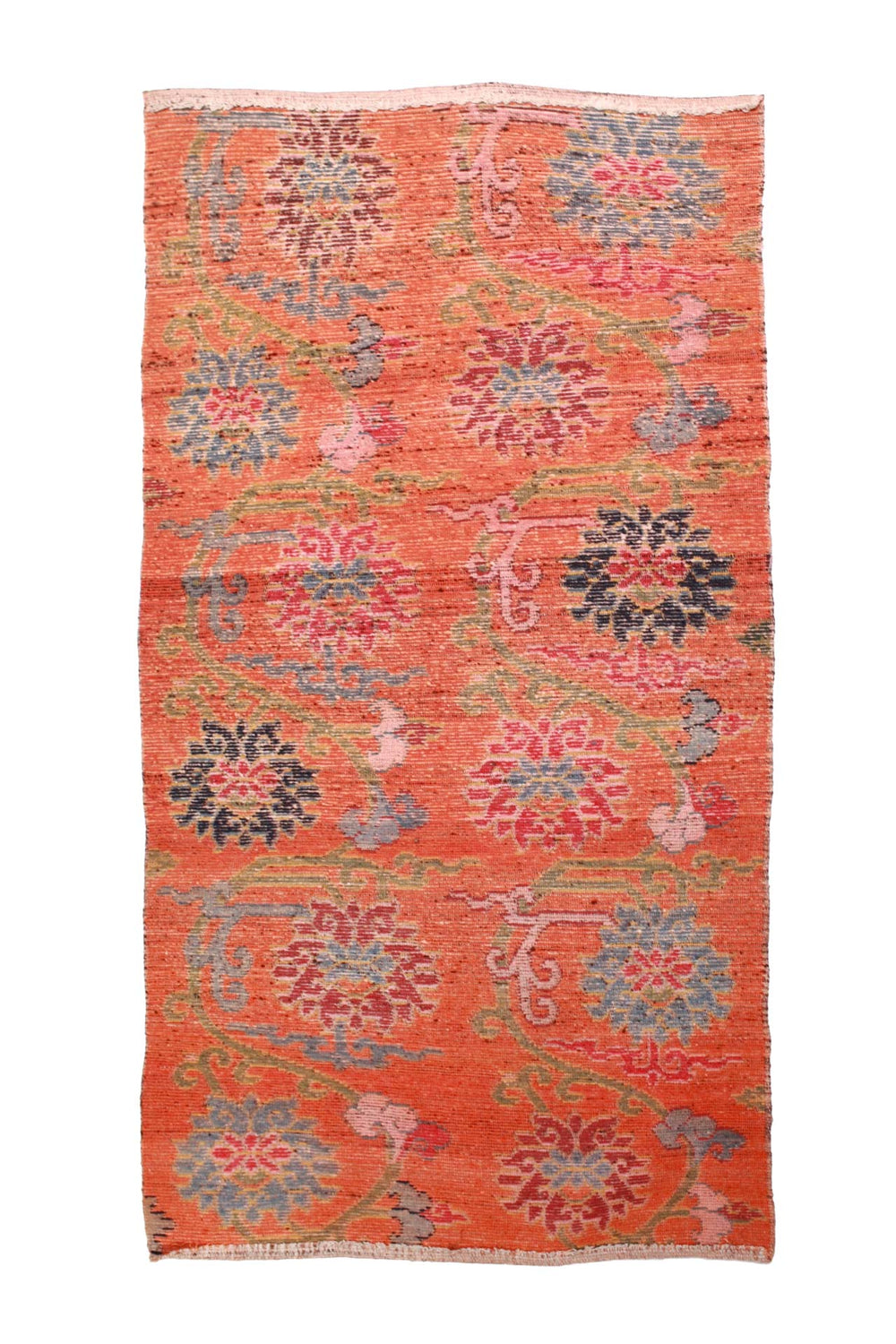 Hand-Knotted Tibetan Khaden Rug | Coral Field Floral Scroll | Back View