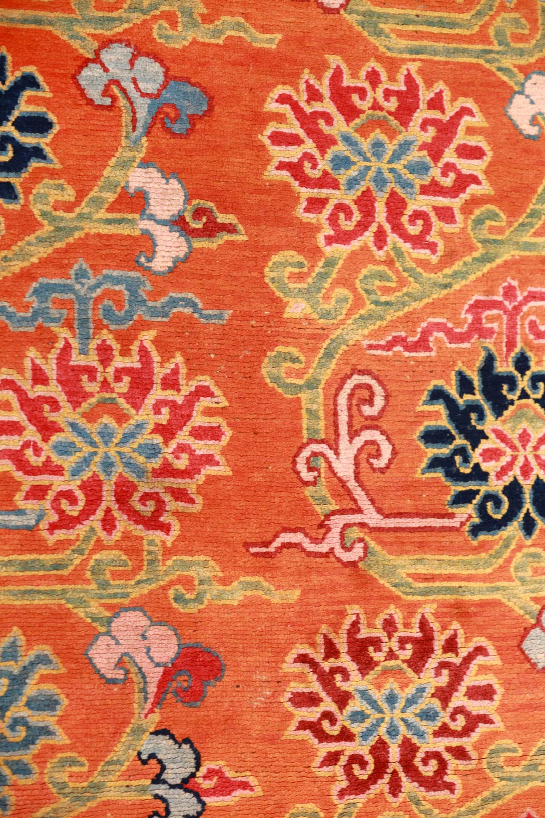 Hand-Knotted Tibetan Khaden Rug | Coral Field Floral Scroll | Detail View