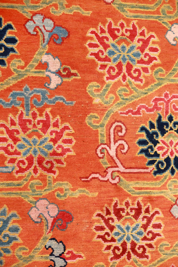 Hand-Knotted Tibetan Khaden Rug | Coral Field Floral Scroll | Detail View