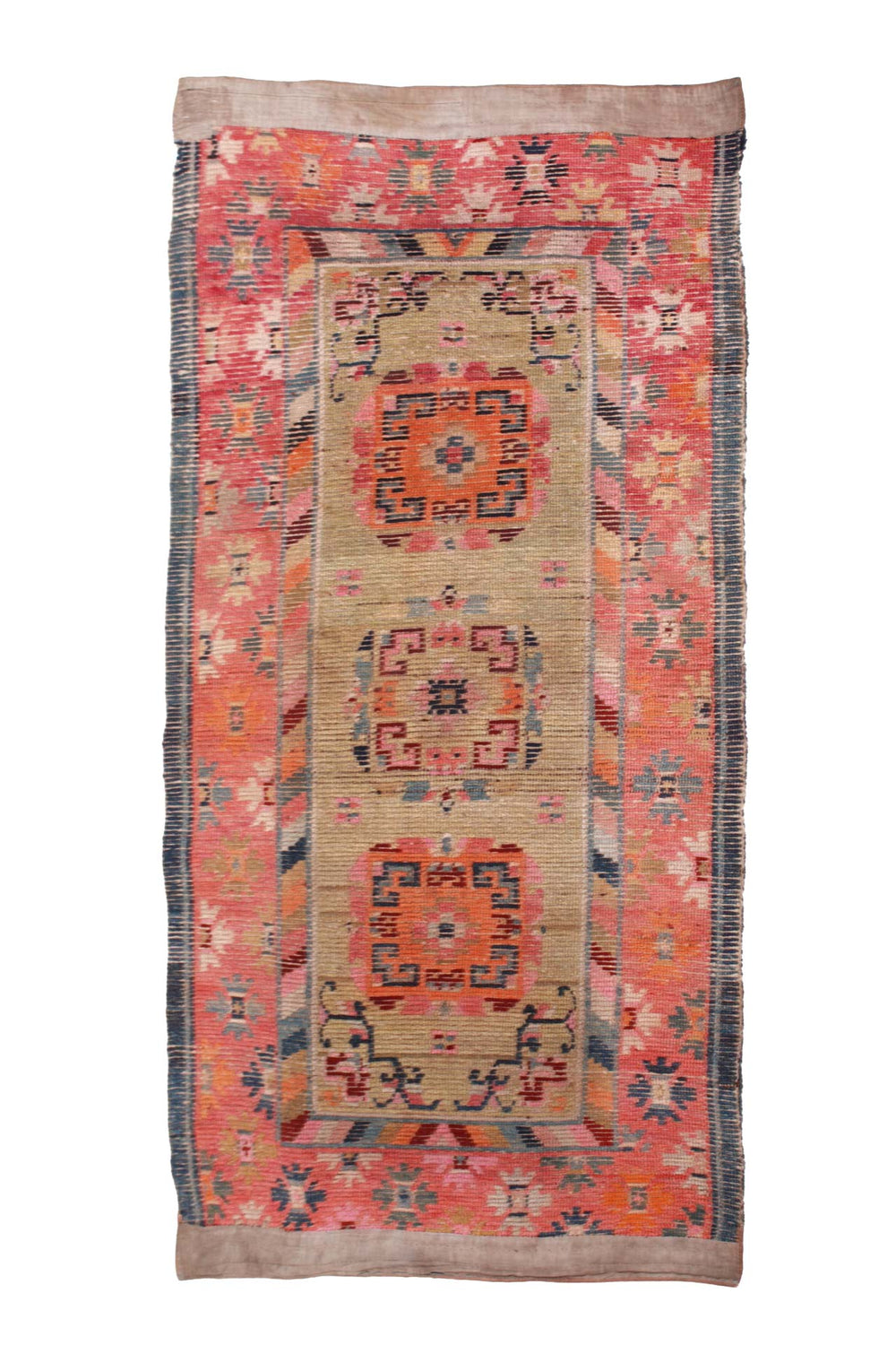 Hand-Knotted Tibetan Khaden Rug | Coral Field with Geometric Medallions | Back View