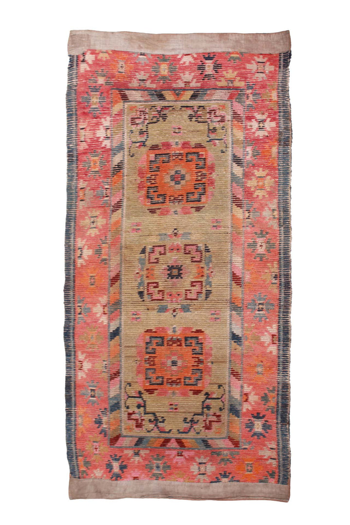Hand-Knotted Tibetan Khaden Rug | Coral Field with Geometric Medallions | Back View