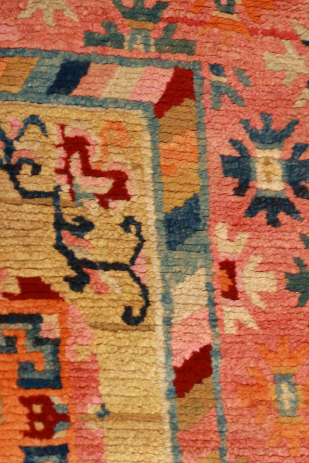Hand-Knotted Tibetan Khaden Rug | Coral Field with Geometric Medallions | Detail View