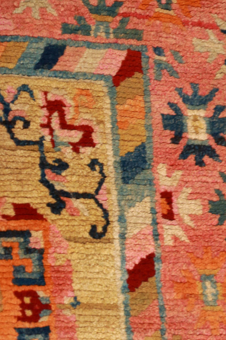 Hand-Knotted Tibetan Khaden Rug | Coral Field with Geometric Medallions | Detail View