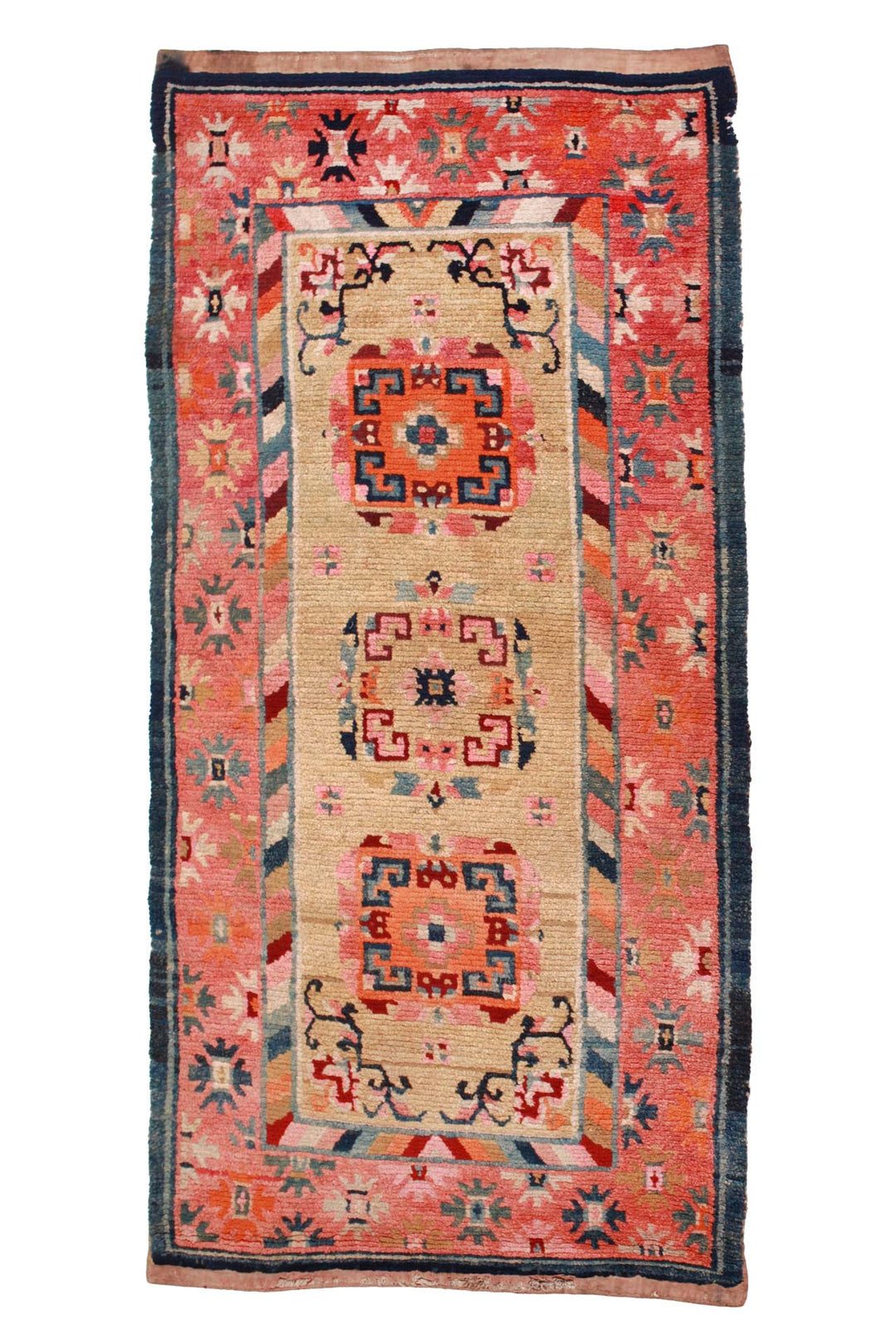 Hand-Knotted Tibetan Khaden Rug | Coral Field with Geometric Medallions | Front View
