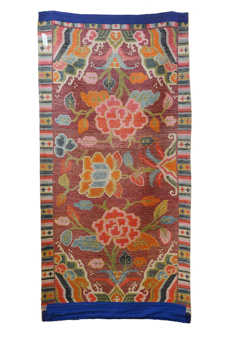 Hand-Knotted Tibetan Khaden Rug | Coral Lotus Peony Blossom Field | Back View
