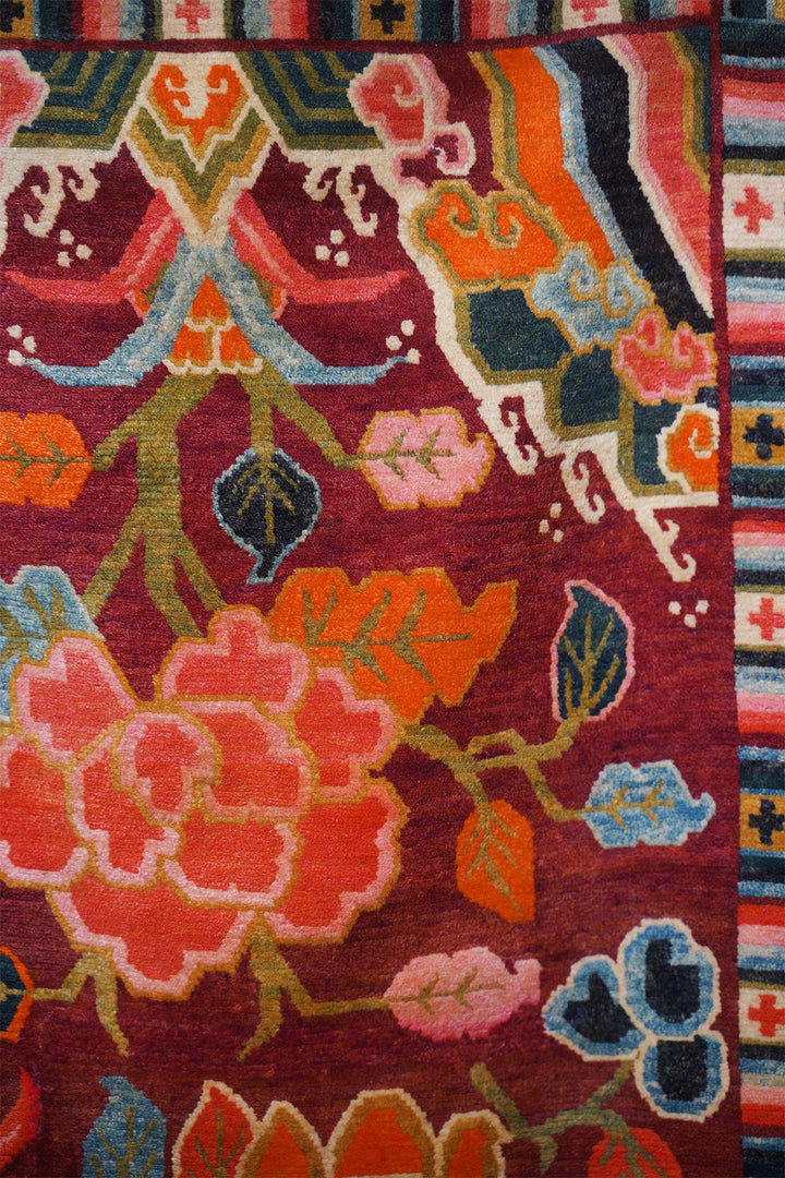 Hand-Knotted Tibetan Khaden Rug | Coral Lotus Peony Blossom Field | Detail View