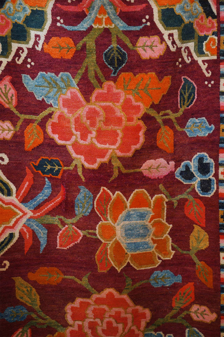 Hand-Knotted Tibetan Khaden Rug | Coral Lotus Peony Blossom Field | Detail View
