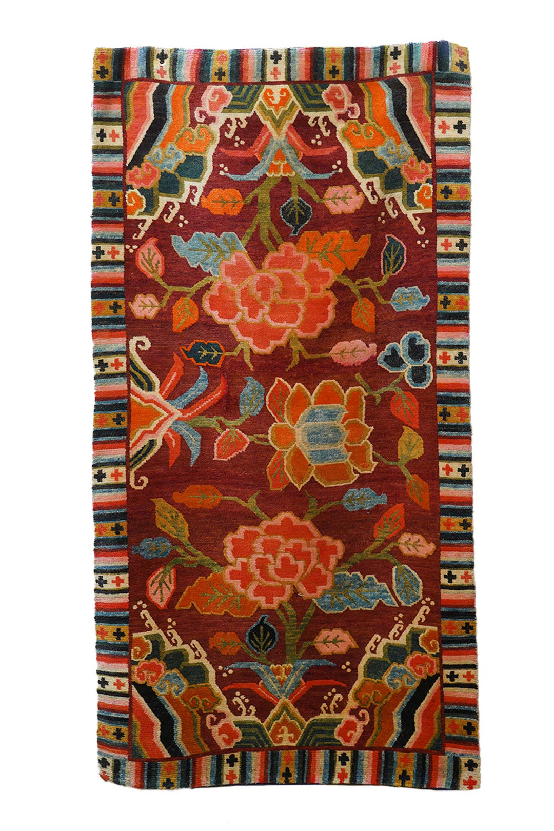 Hand-Knotted Tibetan Khaden Rug | Coral Lotus Peony Blossom Field | Front View