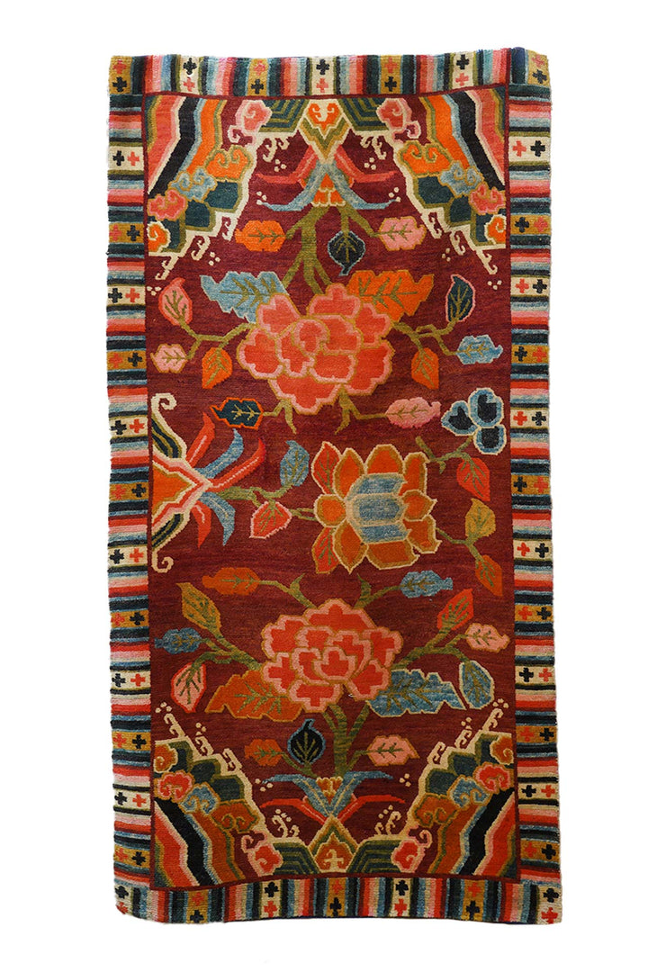 Hand-Knotted Tibetan Khaden Rug | Coral Lotus Peony Blossom Field | Front View