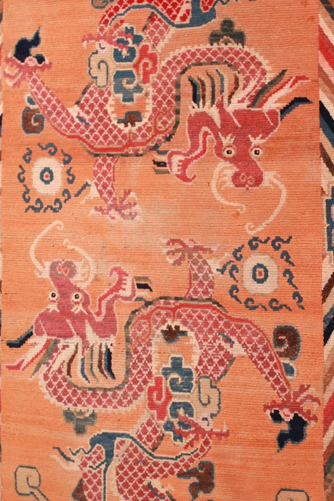Hand-Knotted Tibetan Khaden Rug | Coral Twin Dragons | Detail View