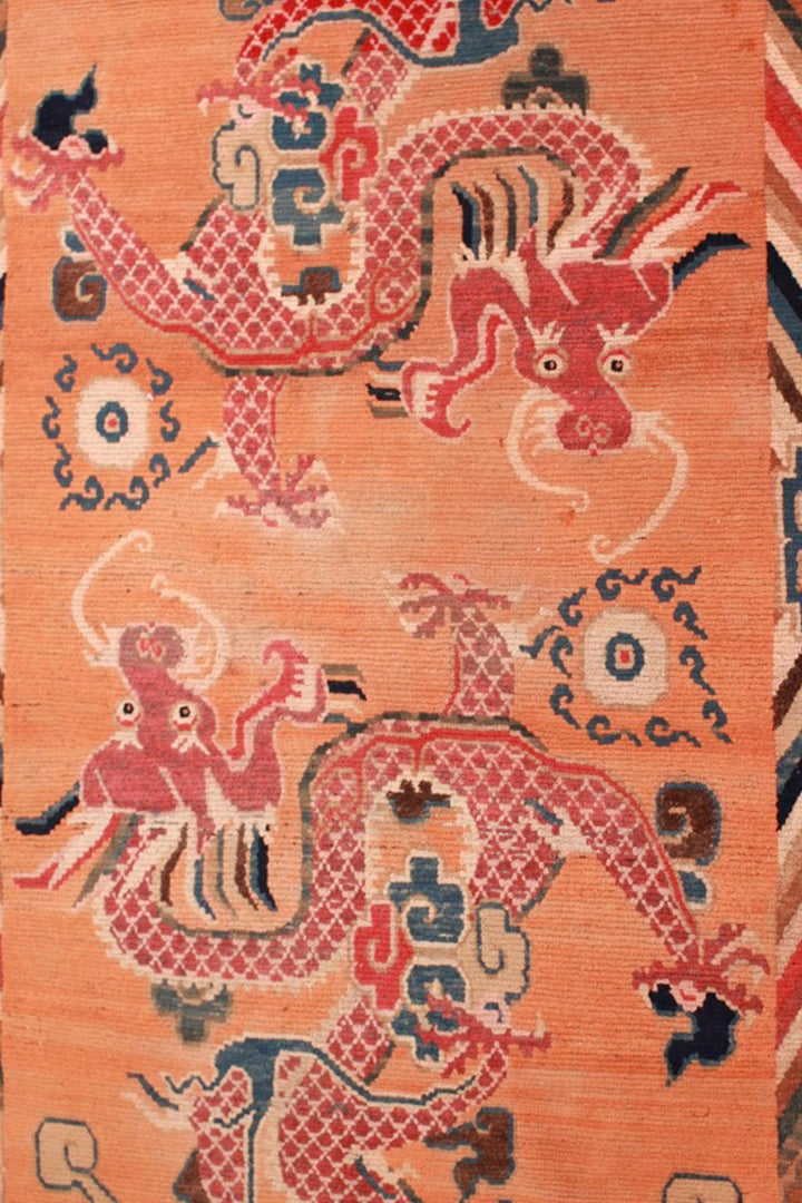 Hand-Knotted Tibetan Khaden Rug | Coral Twin Dragons | Detail View
