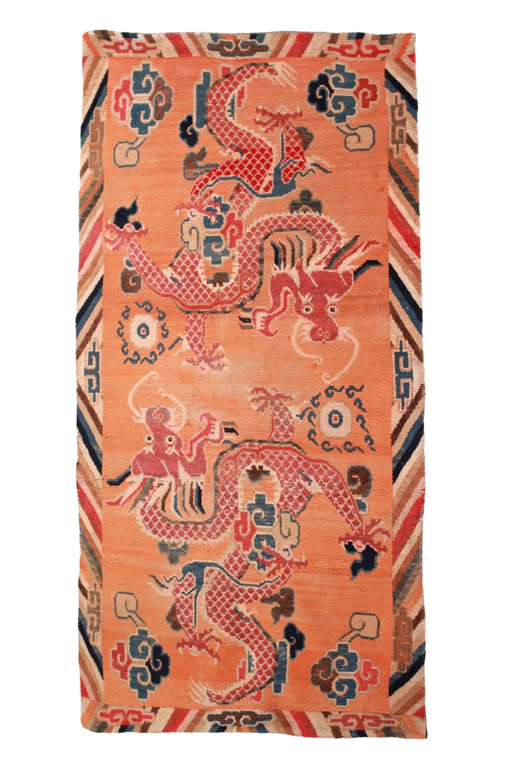 Hand-Knotted Tibetan Khaden Rug | Coral Twin Dragons | Front View