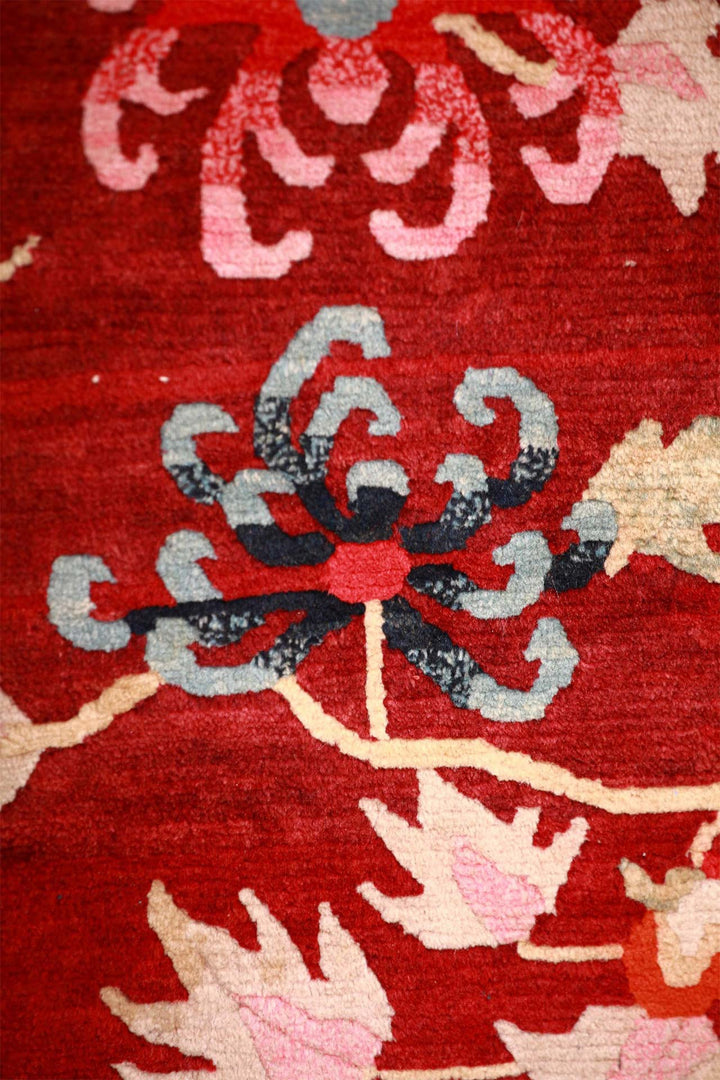 Hand-Knotted Tibetan Khaden Rug | Crimson Chrysanthemum Vines | Detail View