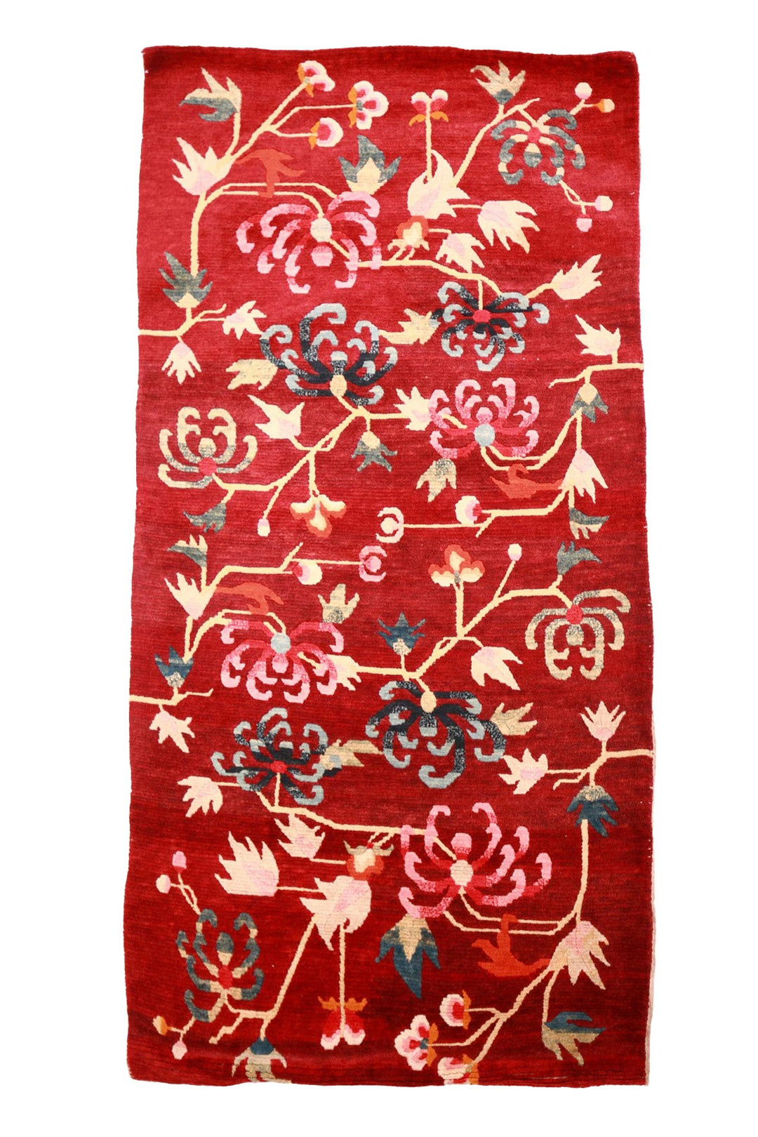Hand-Knotted Tibetan Khaden Rug | Crimson Chrysanthemum Vines | Front View