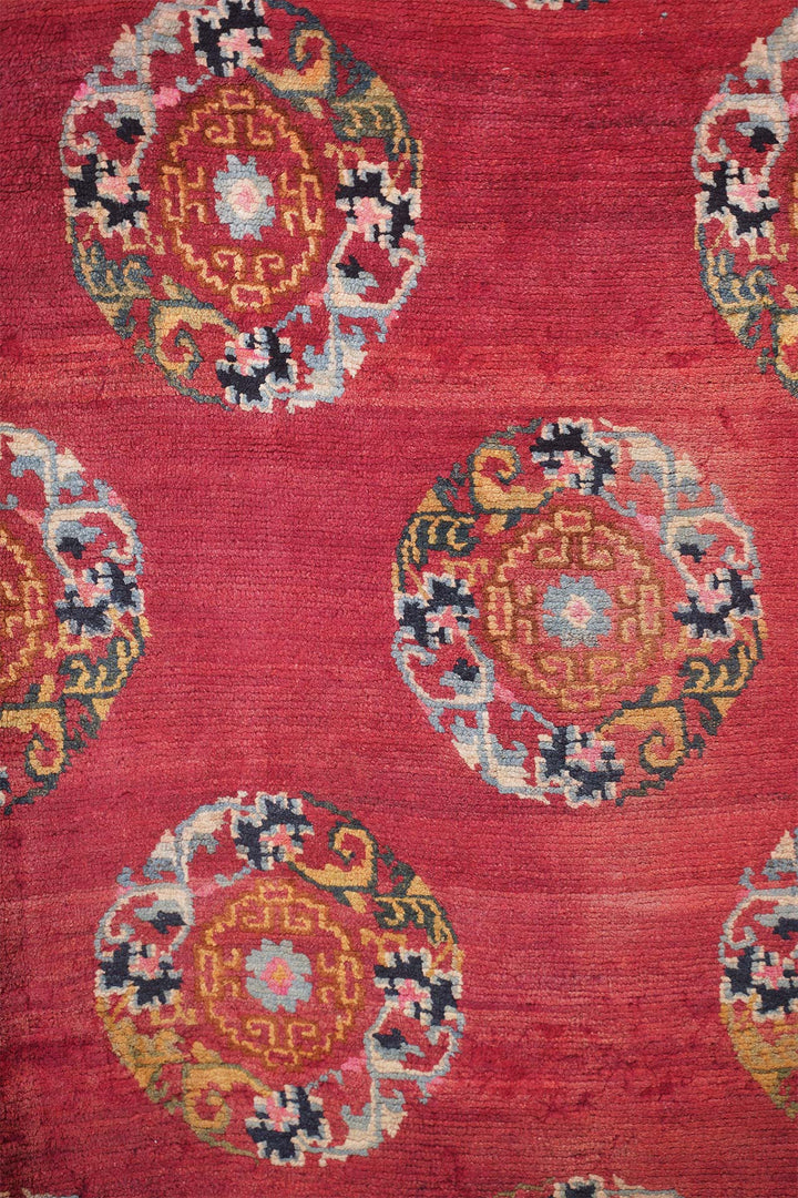 Hand-Knotted Tibetan Khaden Rug | Crimson Field Medallion Repeat | Detail View
