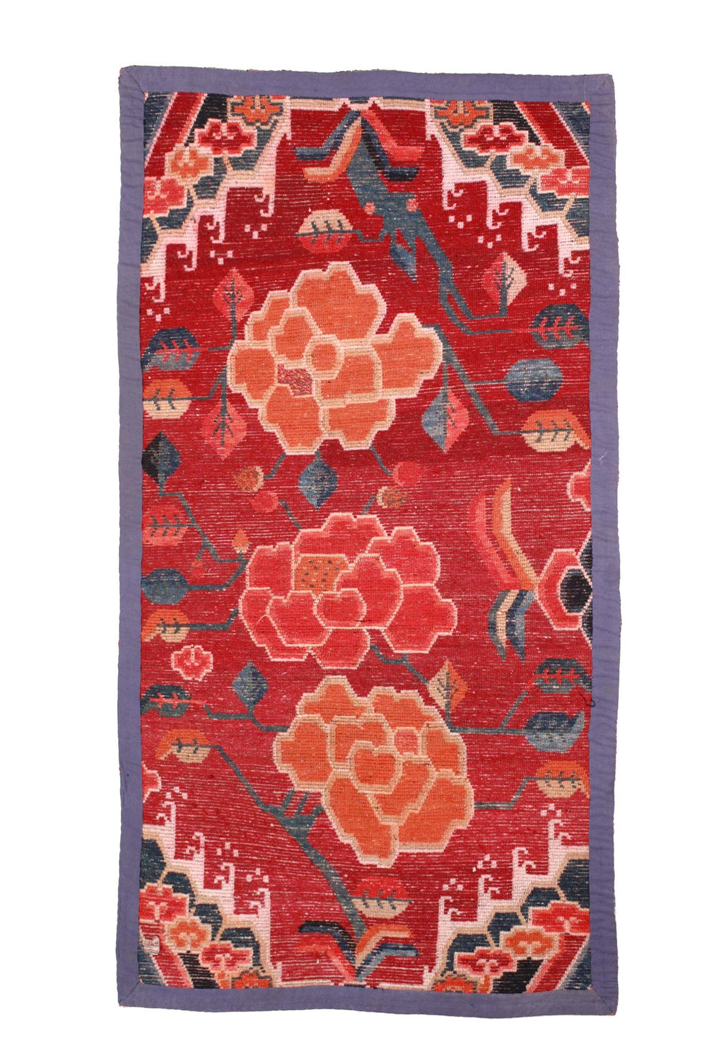 Hand-Knotted Tibetan Khaden Rug | Crimson Field with Floral Vine | Back View