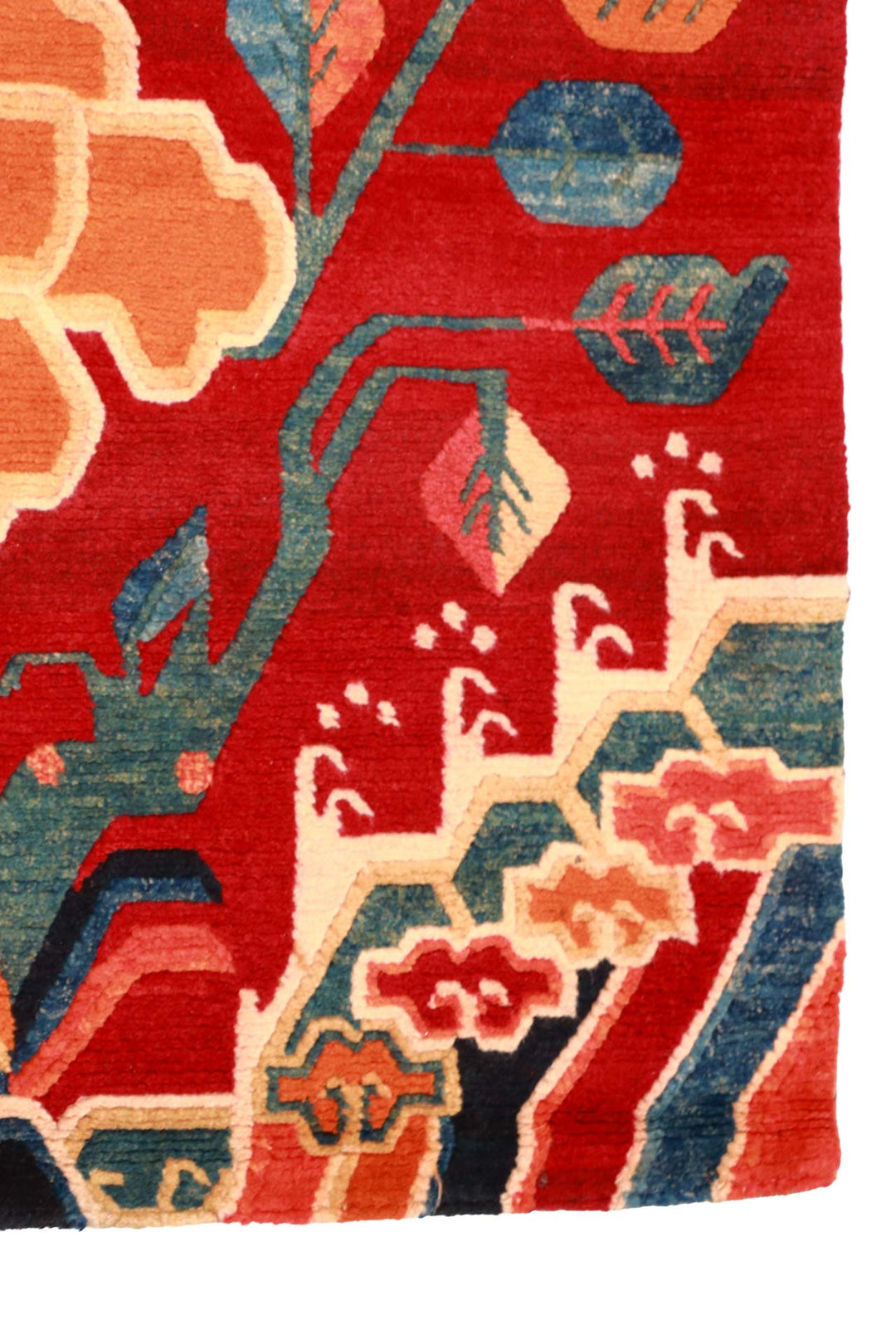 Hand-Knotted Tibetan Khaden Rug | Crimson Field with Floral Vine | Detail View