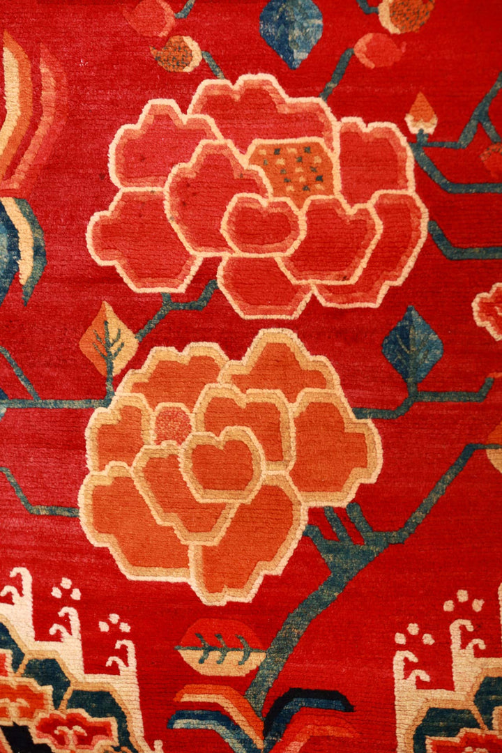 Hand-Knotted Tibetan Khaden Rug | Crimson Field with Floral Vine | Detail View