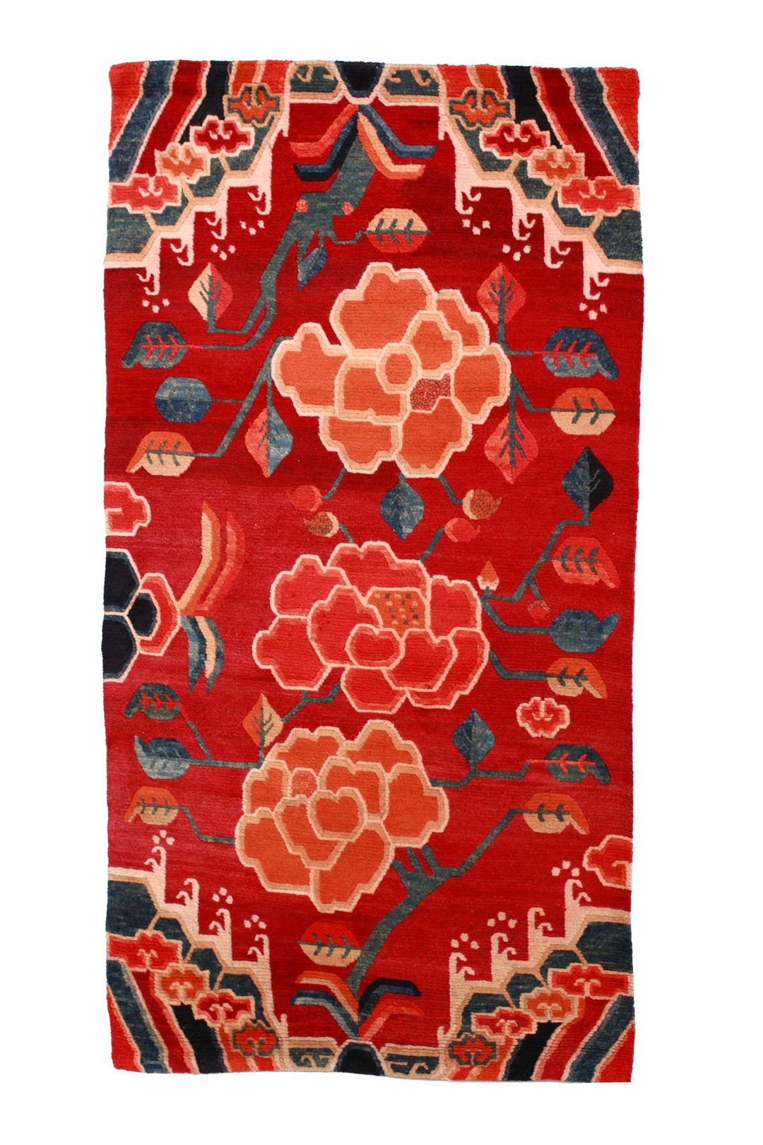 Hand-Knotted Tibetan Khaden Rug | Crimson Field with Floral Vine | Front View