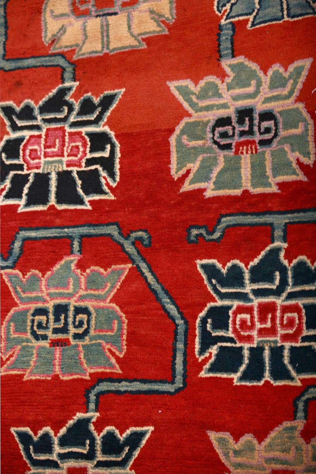 Hand-Knotted Tibetan Khaden Rug | Crimson Lotus Chain | Detail View