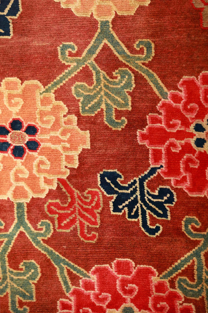 Hand-Knotted Tibetan Khaden Rug | Crimson Peony Lattice | Detail View