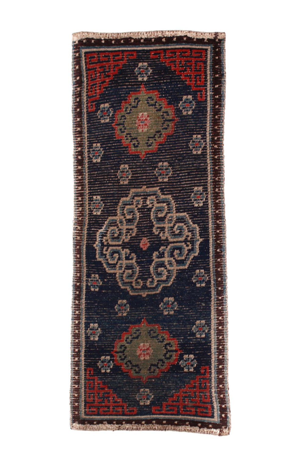Hand-Knotted Tibetan Khaden Rug | Deep Indigo Field with Floral Medallions | Back VIew