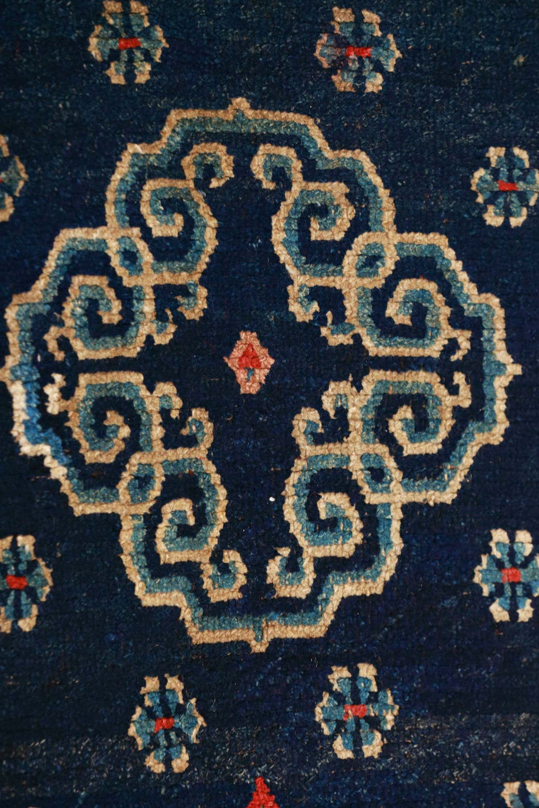 Hand-Knotted Tibetan Khaden Rug | Deep Indigo Field with Floral Medallions | Detail View