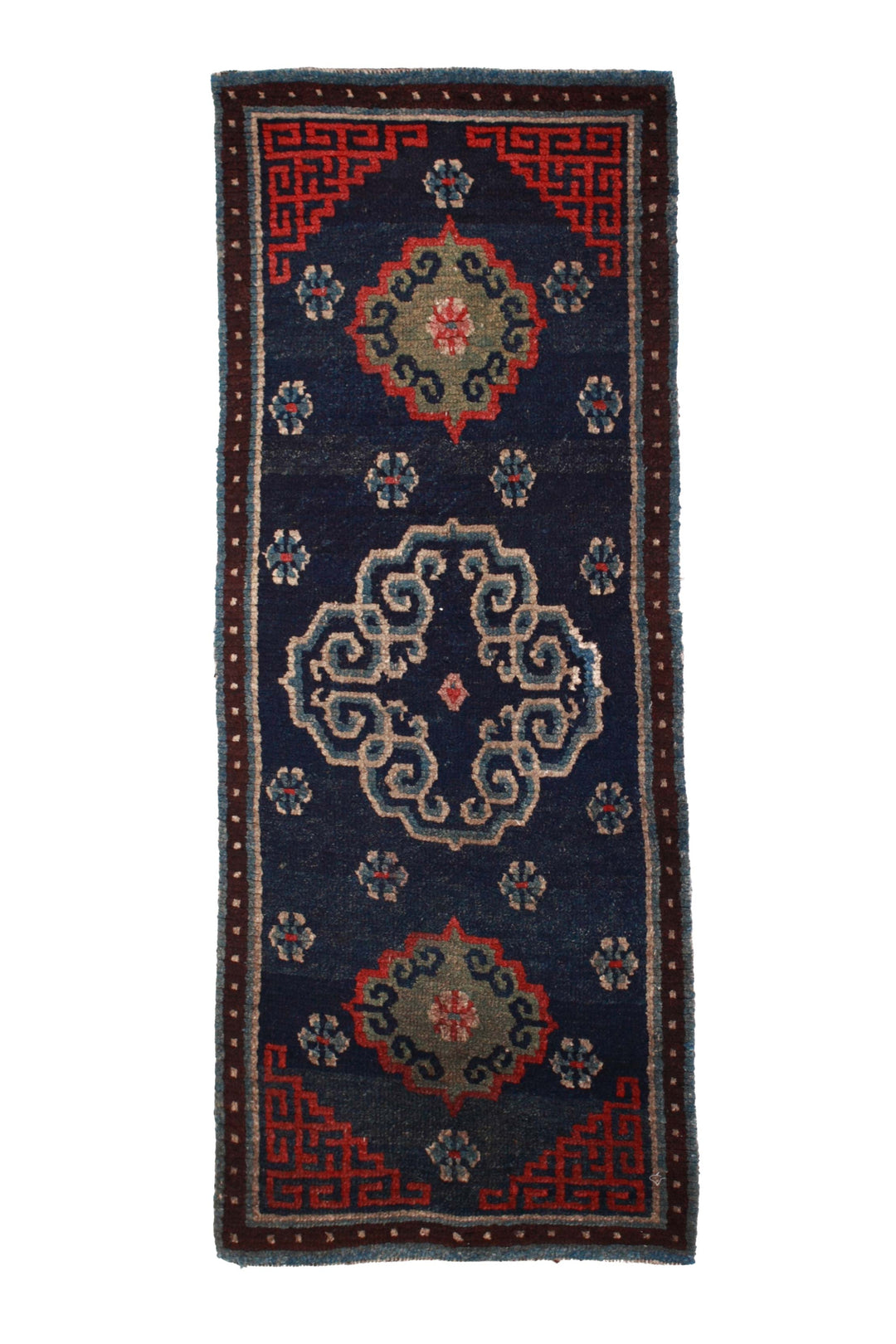 Hand-Knotted Tibetan Khaden Rug | Deep Indigo Field with Floral Medallions | Front View