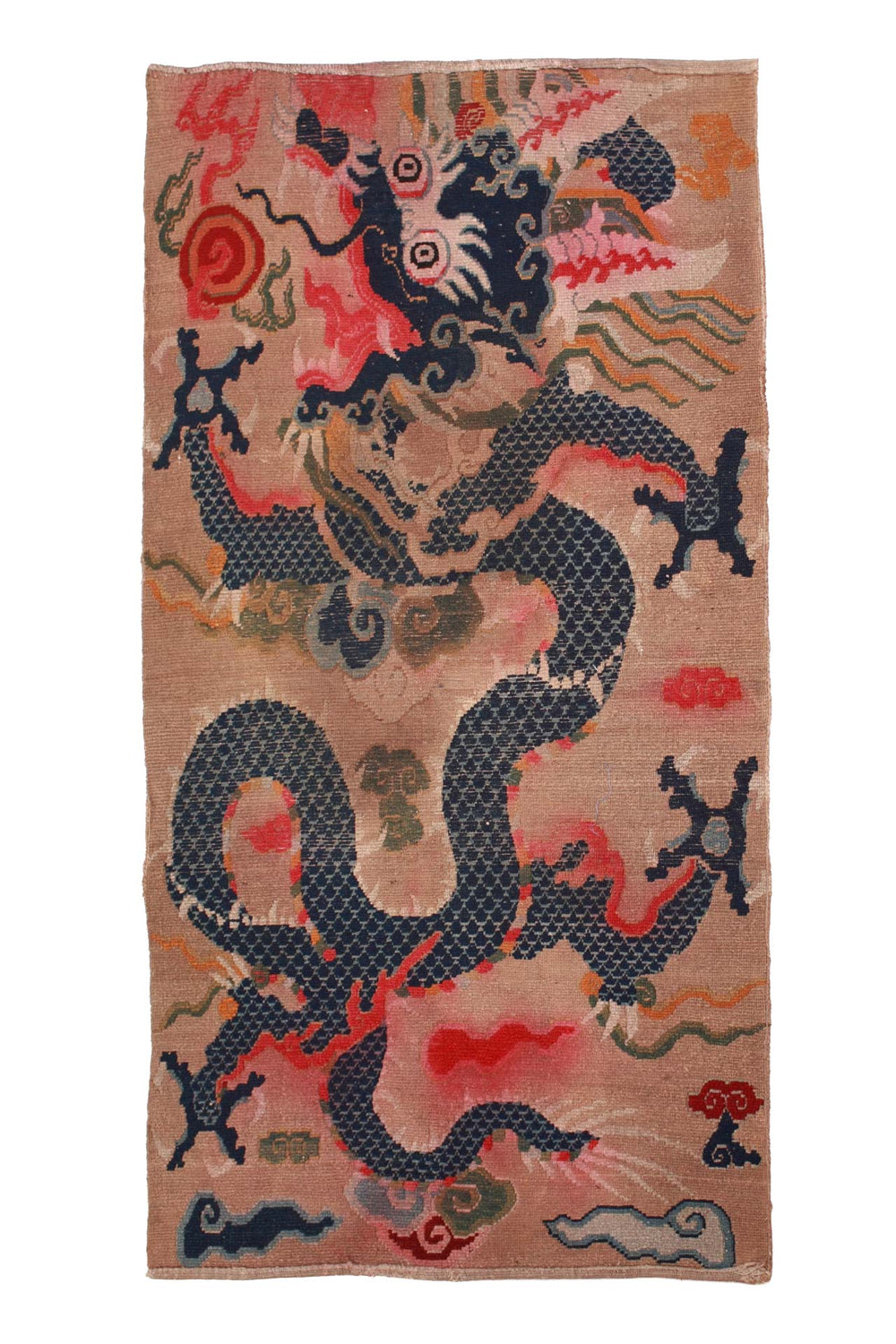 Hand-Knotted Tibetan Khaden Rug | Dragon Motif on Sand Ground | Back View