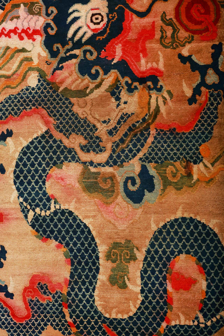 Hand-Knotted Tibetan Khaden Rug | Dragon Motif on Sand Ground | Detail View