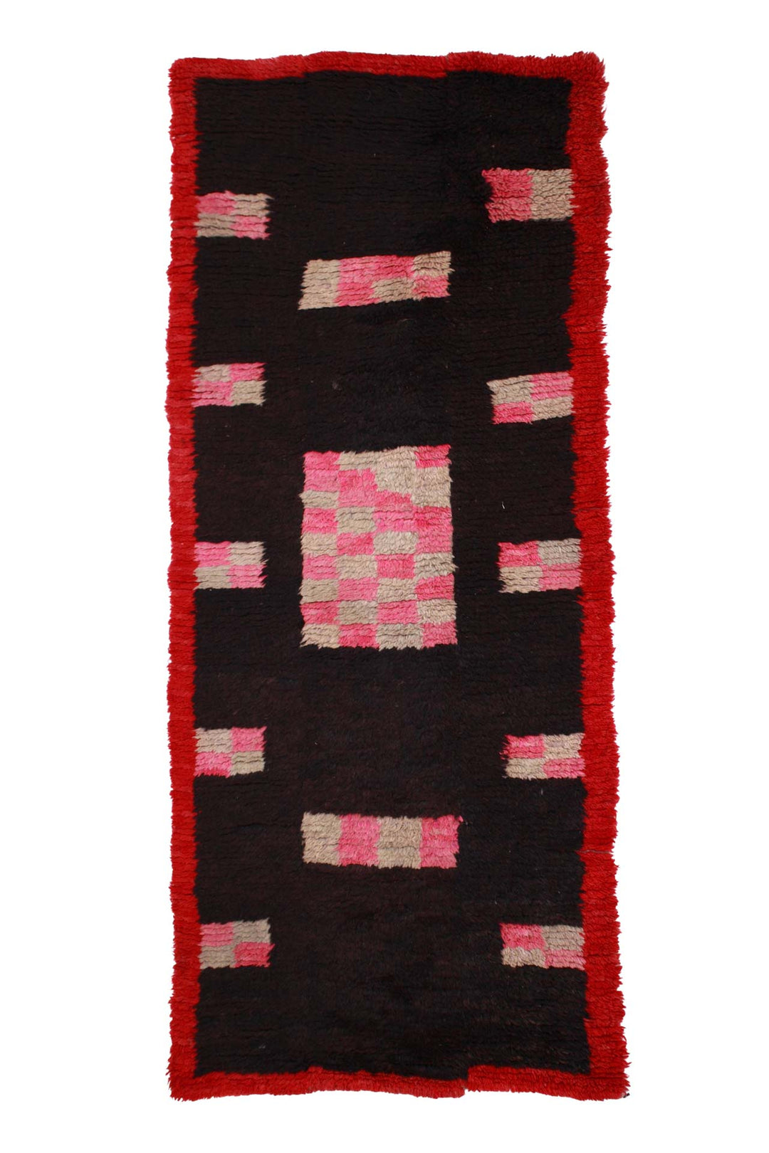 Hand-Knotted Tibetan Khaden Rug | Ebony Field Pink Checker Blocks | Front View