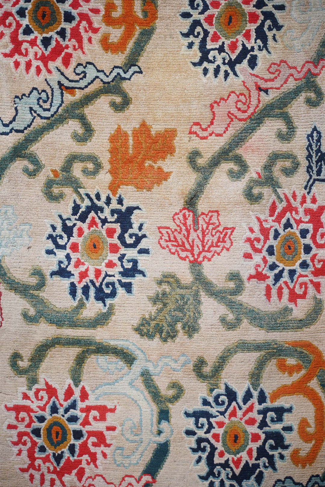 Hand-Knotted Tibetan Khaden Rug | Eight-Lotus Vine Lattice | Detail View