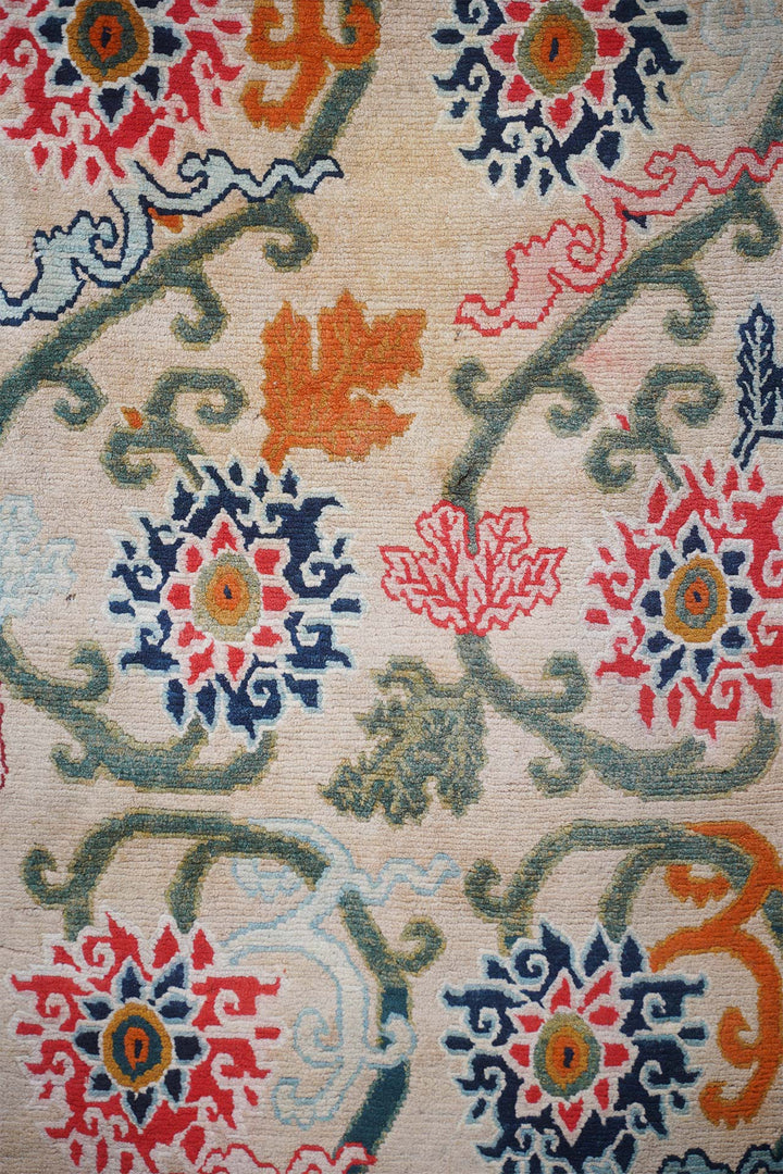 Hand-Knotted Tibetan Khaden Rug | Eight-Lotus Vine Lattice | Detail View