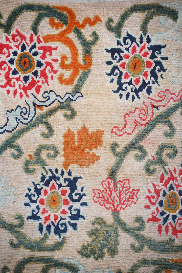Hand-Knotted Tibetan Khaden Rug | Eight-Lotus Vine Lattice | Detail View