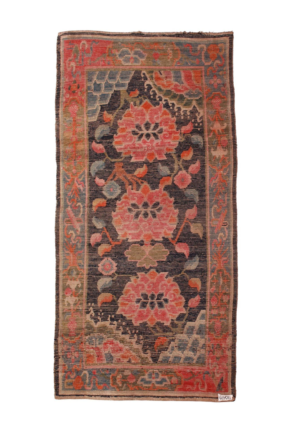Hand-Knotted Tibetan Khaden Rug | Floral Medallion Mountain Pattern | Back View