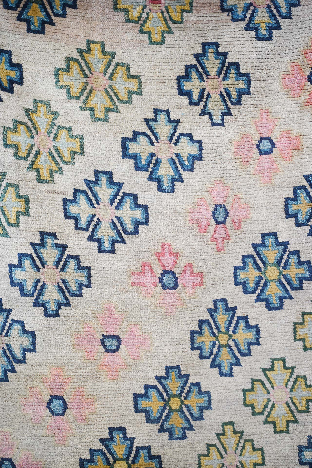 Hand-Knotted Tibetan Khaden Rug | Geometric Floral Lattice Field | Detail View