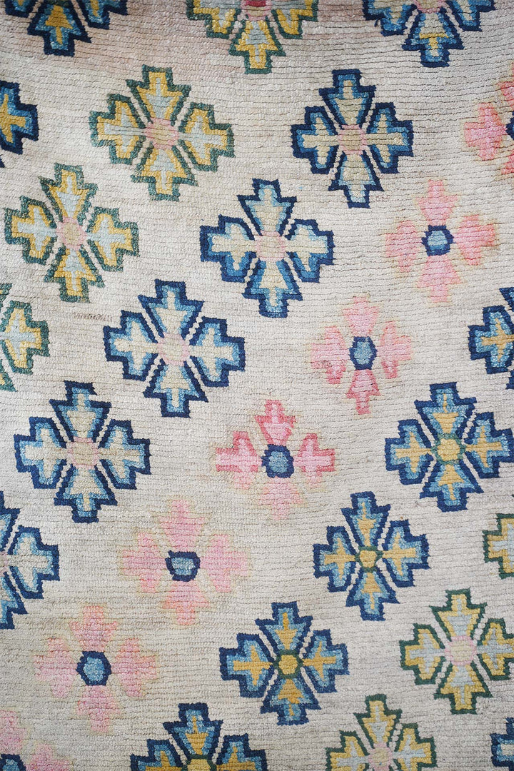 Hand-Knotted Tibetan Khaden Rug | Geometric Floral Lattice Field | Detail View
