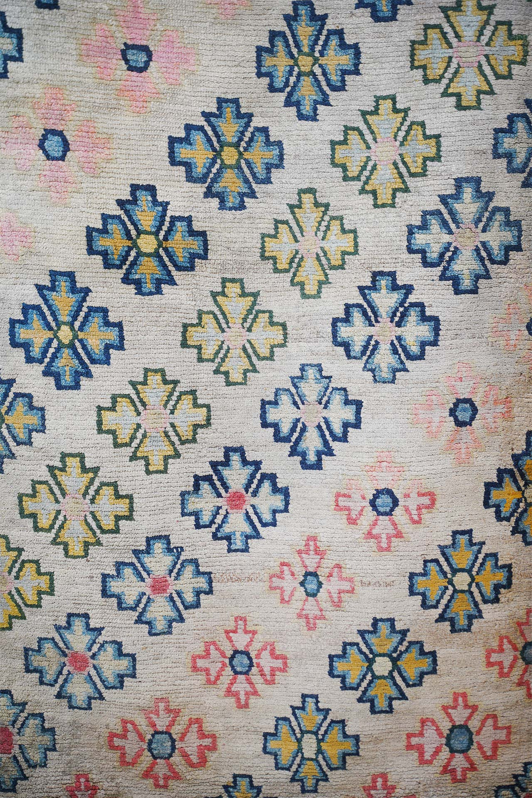 Hand-Knotted Tibetan Khaden Rug | Geometric Floral Lattice Field | Detail View