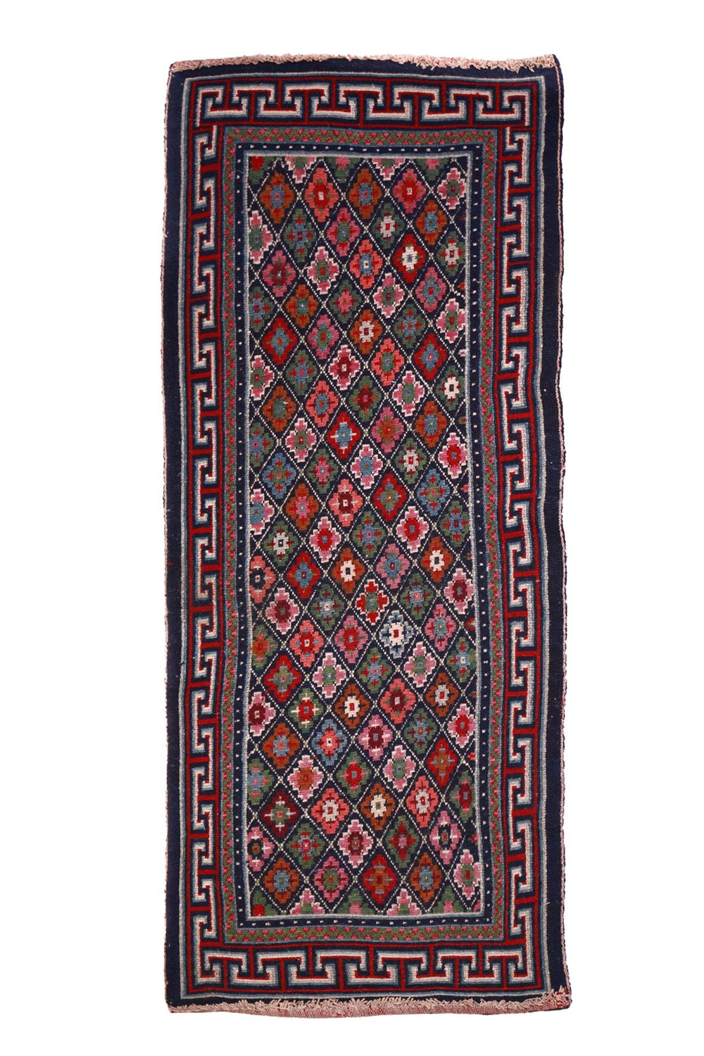 Hand-Knotted Tibetan Khaden Rug | Greek Key Rosette Lattice | Back View