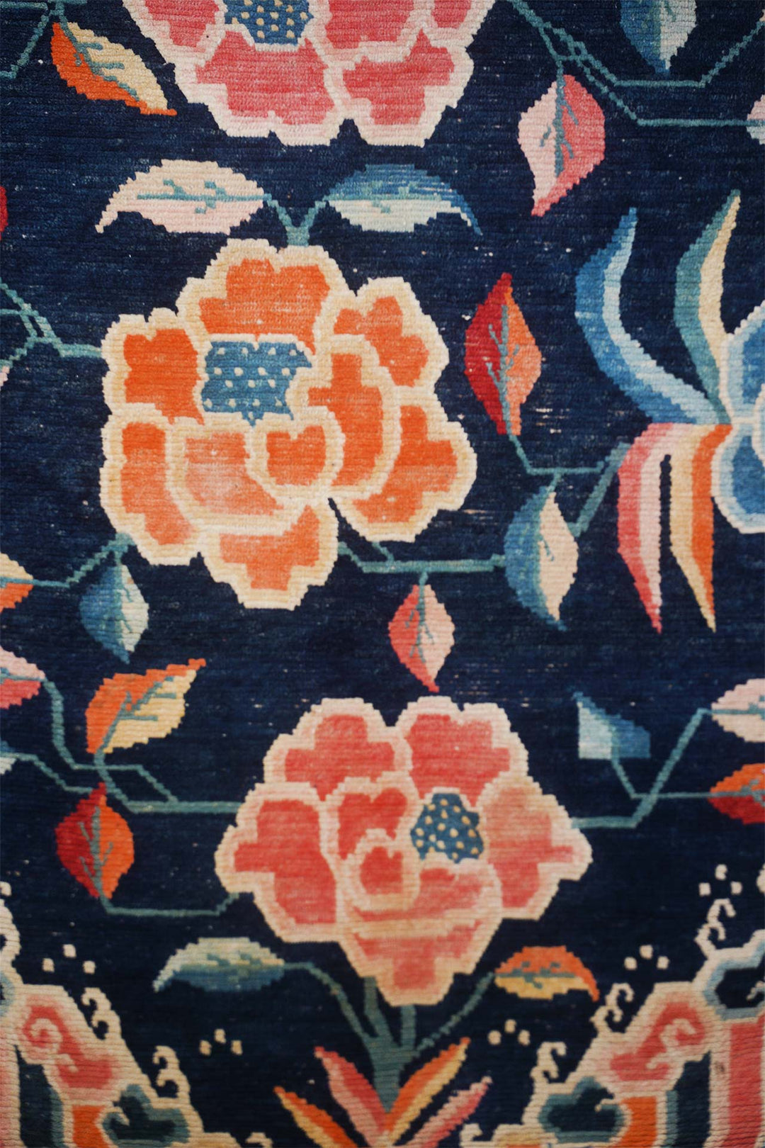 Hand-Knotted Tibetan Khaden Rug | Hanging Peony Garland | Detail View