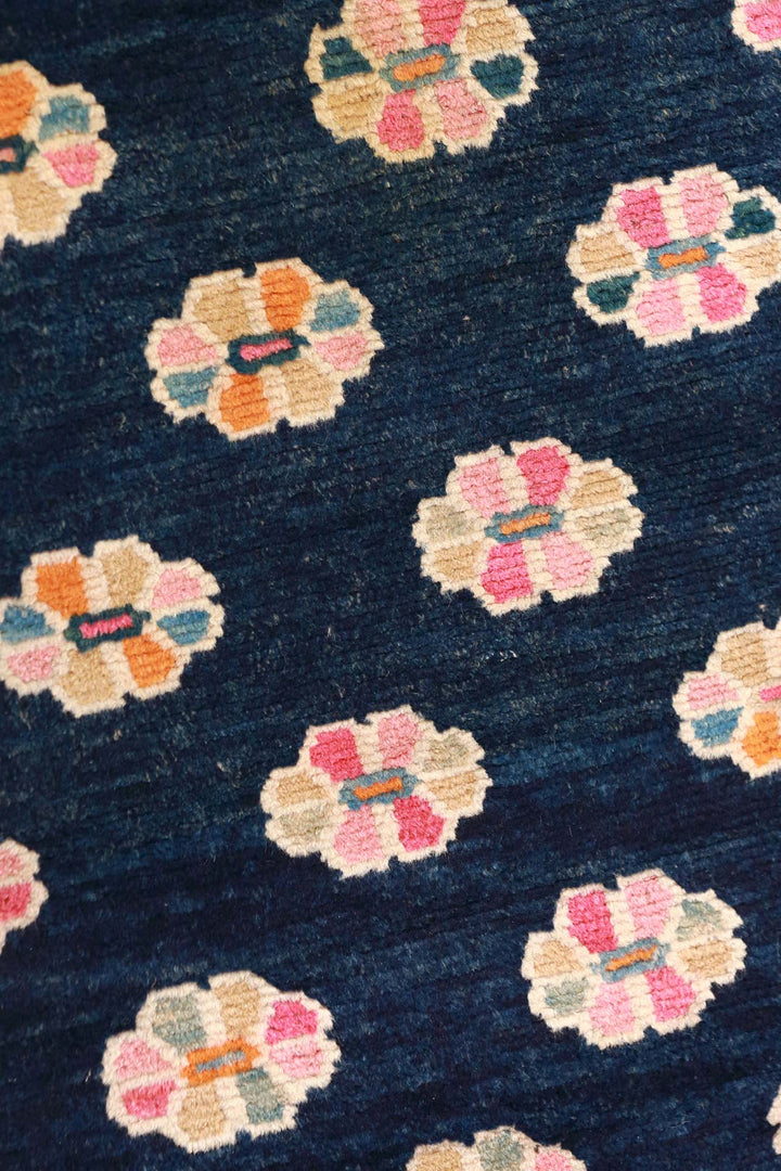 Hand-Knotted Tibetan Khaden Rug | Indigo Field Floral Medallion | Detail View